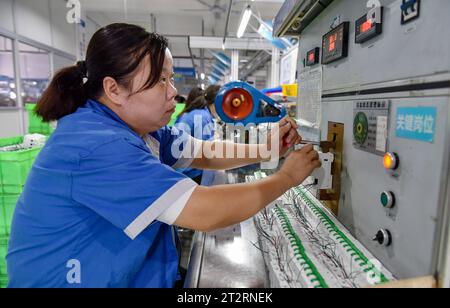 Fuyang, China. Oktober 2023. Frauen mit blauen Overalls arbeiten an der Montagelinie einer Fabrik, die elektrische Geräte herstellt. Das chinesische Bruttoinlandsprodukt wuchs im dritten Quartal um 4,9 Prozent gegenüber dem Vorjahr, nachdem es im zweiten Quartal um 6,3 Prozent gestiegen war und trotz des Abwärtsdrucks eine stetige Erholung verzeichnete, sagte das nationale Statistikbüro am Mittwoch. In den ersten drei Quartalen wuchs Chinas BIP um 5,2 Prozent auf 91,3 Billionen Yuan (12,5 Billionen Dollar) nach einem Wachstum von 5,5 Prozent in der ersten Jahreshälfte. Quelle: SOPA Images Limited/Alamy Live News Stockfoto