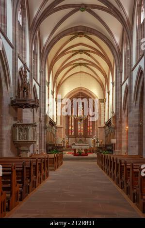 Kirchenschiff der Stiftskirche St. Florentinus heute Pfarrkirche St. Johannes Baptista, Niederhaslach, Elsass, Frankreich Stockfoto