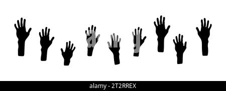 Erhobene menschliche Hände. Schwarze Silhouette. Satz menschlicher Handabdrücke. Symbol, Vektor, isoliert auf weiß. Designelement für Bildung, Gesundheitswesen, Medizin, Freiwilligentätigkeit. Konzeptteam-Arbeit, Abstimmung über die Zusammenarbeit Stock Vektor