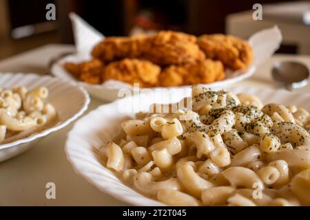 Makkaroni serviert mit Hähnchennugget auf dem Tisch, garniert mit Gewürzen und Kräutern mit Cremesaucen und Béchamel Stockfoto