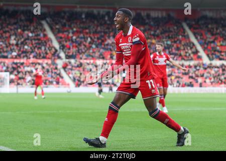 Middlesbrough, Großbritannien. Oktober 2023. Isaiah Jones #11 von Middlesbrough Appellen während des Sky Bet Championship Matches Middlesbrough gegen Birmingham City im Riverside Stadium, Middlesbrough, Großbritannien, 21. Oktober 2023 (Foto: Gareth Evans/News Images) in Middlesbrough, Großbritannien am 21. Oktober 2023. (Foto: Gareth Evans/News Images/SIPA USA) Credit: SIPA USA/Alamy Live News Stockfoto