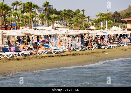 Touristen Sonnenbaden und Schwimmen am Strand von Finikoudes, Larnaca, Zypern Stockfoto