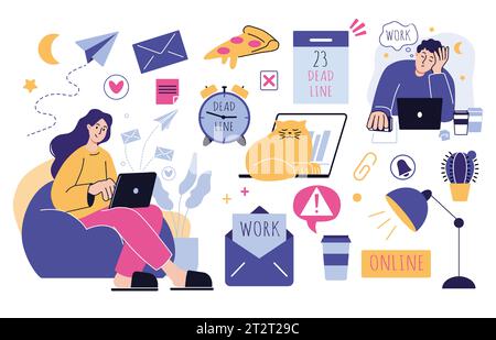 Designercharakter. Kreatives Geschäft. Glückliche Frau mit Laptop auf dem Sessel. Müder Mann am Tisch. Computer Online-Arbeit. Freiberufliche Mitarbeiter. Remote-Job. Se Stock Vektor