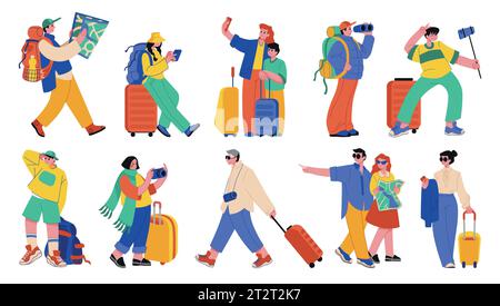 Reisezeichen. Tourismus, Spaziergänger mit Gepäck und Rucksack, glückliche Frau und Mann mit Gepäck und Telefon auf dem Ausflug oder im Flughafen. Cartoon Stock Vektor