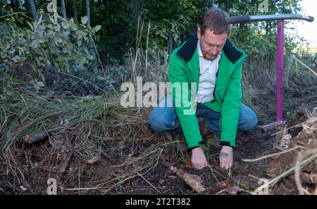 21. Oktober 2023, Sachsen, Königshain: Premierminister Michael Kretschmer nimmt an der Pflanzkampagne „Oberlausitzer Zukunftswald“ in Königshain Teil. Die Wiederaufforstung des 1,2 ha großen, geschädigten Gemeindegebiets ist das Ergebnis einer Crowgründungsaktion. Mit der Anpflanzung von über 3.000 Setzlingen verschiedener Baumarten durch Einwohner der Oberlausitz soll auf einem ehemaligen Rindenkäfer-beschädigten Gebiet ein klimaverträglicher, artenreicher Mischwald entstehen. Foto: Matthias Rietschel/dpa Stockfoto