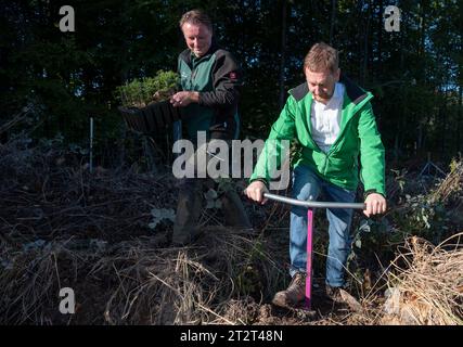 21. Oktober 2023, Sachsen, Königshain: Premierminister Michael Kretschmer nimmt an der Pflanzkampagne „Oberlausitzer Zukunftswald“ in Königshain Teil. Die Wiederaufforstung des 1,2 ha großen, geschädigten Gemeindegebiets ist das Ergebnis einer Crowgründungsaktion. Mit der Anpflanzung von über 3.000 Setzlingen verschiedener Baumarten durch Einwohner der Oberlausitz soll auf einem ehemaligen Rindenkäfer-beschädigten Gebiet ein klimaverträglicher, artenreicher Mischwald entstehen. Foto: Matthias Rietschel/dpa Stockfoto