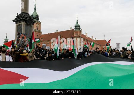 Die Demonstranten halten während der Demonstration eine große palästinensische Flagge. Hunderte von Menschen nahmen am Solidaritätsmarsch mit Palästina im Zentrum von Warschau, Polen, Teil. Der Ausgangspunkt war der Kreisverkehr Charles de Gaulle, der durch eine Kunstinstallation gekennzeichnet war - eine künstliche Palme namens „Gruß von der Jerusalem Avenue“. Später spazierten die Teilnehmer durch das historische Zentrum der Stadt. Israel und die Hamas befinden sich im Krieg, nachdem die militante palästinensische Gruppe am 7. Oktober 2023 überraschende grenzüberschreitende Überfälle aus Gaza gestartet hat, bei denen mehr als 1.400 Menschen ums Leben kamen, darunter Zivilisten A Stockfoto