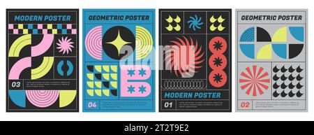 Moderne geometrische Plakate mit abstrakten futuristischen Formen. Vektor-Flyer-Kollektion mit farbenfrohen Grafikelementen, einfachen Figuren und Kopfzeilen im brutalistischen Stil. Deckt die Kollektion mit trendigen Prints ab. Stock Vektor