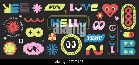 Eine Reihe von geometrischen Brutalismusformen, Figuren. Retro einfache Formen abstrakte Vektorelemente. Brutalistisches Grafikdesign. Sätze und minimale Symbole mit Kreis, Blume und geschwungenen Linien. Brutalismus-Ästhetik Stock Vektor