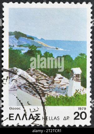 Gestempelte Briefmarke, gedruckt von Griechenland, die Insel Thasos zeigt, um 1979. Stockfoto