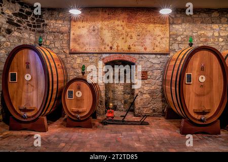 Weinkeller des Weinguts Castello di Verrazano, Chianti Classico, Chianti Region, Zentral-Toskana, Italien, Europa Stockfoto