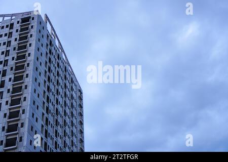 Ein unvollendetes Gebäude steht hoch vor einem düsteren, grauen Himmel, der keinerlei Anzeichen von Leben oder Aktivität enthält, mit leeren Räumen, die darauf warten, gefüllt zu werden Stockfoto