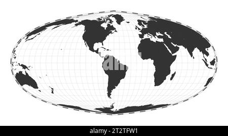 Vektor-Weltkarte. Sinusprojektion nach Foucaut. Einfache geografische Weltkarte mit Breiten- und Längengraden. Zentriert auf 60 Grad E Länge. Vect Stock Vektor