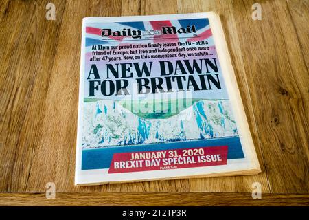 31. Januar 2020. Die Titelseite der Tageszeitung The Daily Mail am Tag des Austritts Großbritanniens aus der EU. Stockfoto