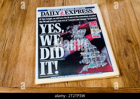 31. Januar 2020. Die Titelseite der Tageszeitung Daily Express am Tag des Austritts Großbritanniens aus der EU. Stockfoto