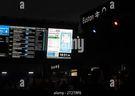 Samstagabend in der Halle am Bahnhof Euston in London. Viele Leute haben ein Auge auf die Bretter, um nach einem Besuch in der Hauptstadt nach Norden zu fahren. Stockfoto