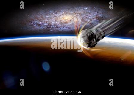 Planet Erde und großer Asteroid im Weltraum. Meteorit im Weltraum in der Nähe des Planeten Erde. Elemente dieses Bildes, bereitgestellt von der NASA. Stockfoto