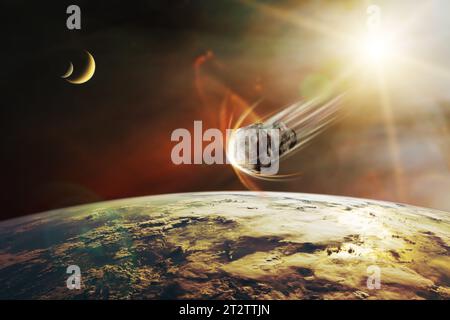 Asteroid im Weltraum in der Nähe des Planeten Erde. Meteorit auf der Erdumlaufbahn. Elemente dieses Bildes, bereitgestellt von der NASA. Stockfoto