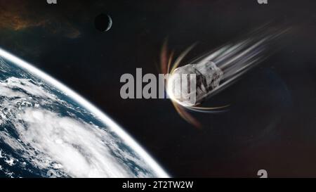 Planet Erde und großer Asteroid im Weltraum. Meteorit im Weltraum in der Nähe des Planeten Erde. Elemente dieses Bildes, bereitgestellt von der NASA. Stockfoto
