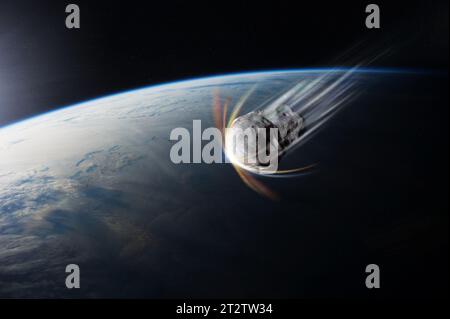 Asteroid im Weltraum in der Nähe des Planeten Erde. Meteorit auf der Erdumlaufbahn. Elemente dieses Bildes, bereitgestellt von der NASA. Stockfoto