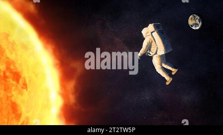 Kosmonaut schwebt im Weltraum neben der Sonne. Elemente dieses Bildes, bereitgestellt von der NASA. Stockfoto