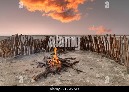 Botswana , in der Kalahari Wüste Lagerfeuer umgeben von einem Holzzaun, um vor dem Wind im Kraal-Gehege für Rinder und Ziegen zu schützen Stockfoto