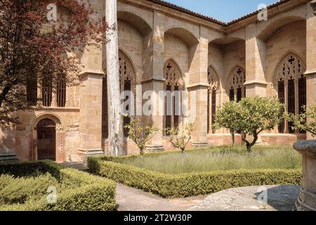 Innenhof des Kreuzgangs der Kathedrale Santa María de la Mayor, Stadt Sigüenza, Provinz Guadalajara, Castilla la Mancha, Spanien, Europa. Stockfoto