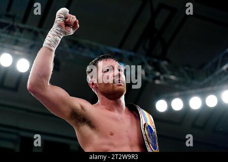 Sam Gilley feiert den Sieg über Louis Greene in York Hall, London. Bilddatum: Samstag, 21. Oktober 2023. Stockfoto