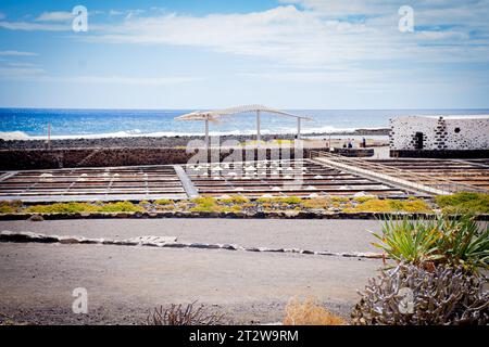 Salzverdunstungsteiche in Salinas, Lanzarote, Kanarischen Inseln, Spanien Stockfoto