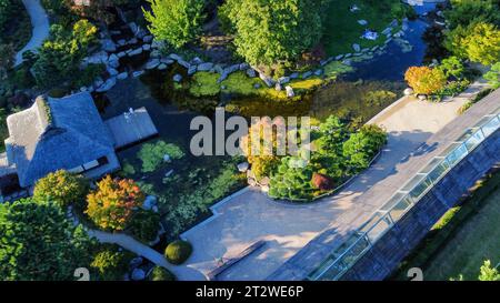 Fantastischer Blick auf den japanischen Garten des Botanischen Gartens 'Planten un Blomen' in Hamburg: Teehaus am Ufer des Teichs, beeindruckende Formgebung Stockfoto