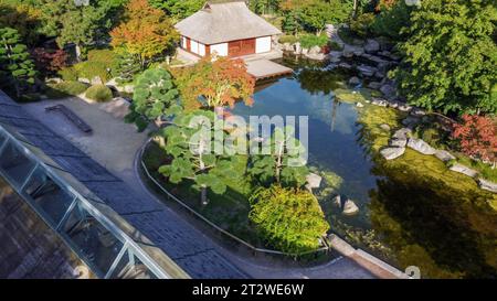 Fantastischer Blick auf den japanischen Garten des Botanischen Gartens 'Planten un Blomen' in Hamburg: Teehaus am Ufer des Teichs, beeindruckende Formgebung Stockfoto