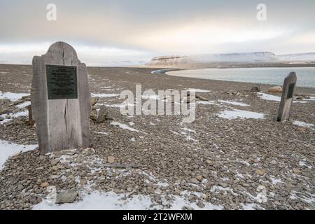 Kanada, Nunavut, Resolute Bay, Erebe Bay, Beechey Island. Ort, an dem die Franklin-Expedition von 1845 überwinterte. Stockfoto