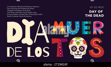 Dia de Los Muertos Karnevalsvektor horizontales Poster. Grußkarte zum mexikanischen Tag der Toten Nationalfeier mit farbenfroher Schrift und Schädel. Designvorlage für religiöse november-Feiertage in Mexiko Stock Vektor