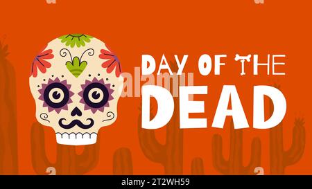 Horizontales Poster zum mexikanischen Tag der Toten. Grußkarte des Nationalfestivals Dia de Los Muertos mit farbenfroher Schrift und Totenkopf. Mexiko traditionelle Karneval Banner Vektor eps Design Vorlage Stock Vektor