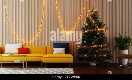 Ein beleuchteter Weihnachtsbaum ist im Wohnzimmer dekoriert, 3D-Rendering Stockfoto