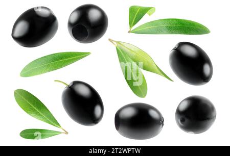 Sammlung von schwarzen frischen und marinierten Oliven und Olivenblättern isoliert auf weißem Hintergrund Stockfoto