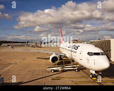 Sydney Australia/Kingsford Smith Airport mit Qantas Flugzeug am Terminal angedockt. Stockfoto