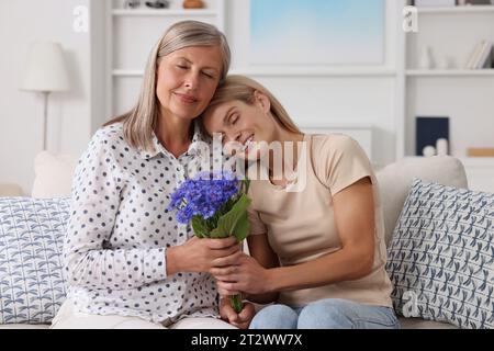 Glückliche reife Mutter und Tochter mit schönen Kornblumen zu Hause Stockfoto