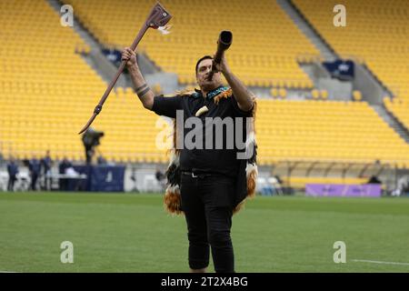 Wellington, Neuseeland. Oktober 2023. Der Chef von Māori ist vor dem Spiel willkommen. Kanada gegen Wales. WXV1 internationales Rugby-Turnier für Damen. Sky Stadium. Wellington. Neuseeland (Joe Serci/SPP) Credit: SPP Sport Press Photo. /Alamy Live News Stockfoto