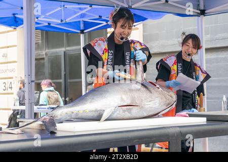 New York, USA. Oktober 2023. Mitglieder des Sabaki Girl Project schneiden Roten Thun während der Japanese Food Expo am 21. Oktober 2023 in der Industry City in New York. (Foto: Lev Radin/SIPA USA) Credit: SIPA USA/Alamy Live News Stockfoto