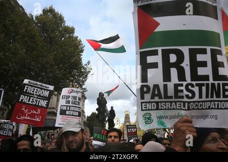 Pro-palästinensische Demonstranten versammeln sich, um Unterstützungsreden vor der Downing Street zu hören. Man steigt an einer Ampel und schwenkt eine palästinensische Flagge. Anhänger Palästinas kommen zusammen, um nach dem israelischen Bombenanschlag und der drohenden Bodeninvasion israelischer Truppen in Gaza in die Downing Street zu marschieren. Dies ist die zweite Woche in Folge, in der über 100.000 Menschen auf die Straßen Londons gingen, um zu protestieren. Viele der beteiligten Organisationen rufen allgemein dazu auf, einen Waffenstillstand, die Öffnung des Übergangs Rafah nach Ägypten und humanitäre Hilfe in den Gazastreifen zu ermöglichen. Stockfoto