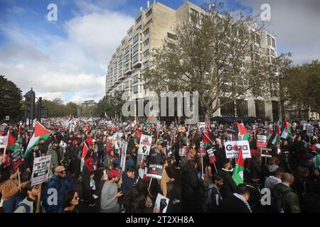 London, Großbritannien. Oktober 2023. Pro-palästinensische demonstranten marschieren durch London Unterstützer Palästinas kommen zusammen, um nach dem israelischen Bombenanschlag und der Drohung einer Bodeninvasion in Gaza durch israelische Streitkräfte in die Downing Street zu marschieren. Dies ist die zweite Woche in Folge, in der über 100.000 Menschen auf die Straßen Londons gingen, um zu protestieren. Viele der beteiligten Organisationen rufen allgemein dazu auf, einen Waffenstillstand, die Öffnung des Übergangs Rafah nach Ägypten und humanitäre Hilfe in den Gazastreifen zu ermöglichen. (Foto von Martin Pope/SOPA Images/SIPA USA) Credit: SIPA USA/Alamy Live News Stockfoto