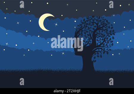 Abstrakte Baumsilhouette mit Blättern und weiblichem Kopf auf dem Grasfeld bei Nacht, Illustration des ökologischen Konzepts. Stock Vektor