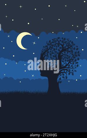 Abstrakte Baumsilhouette mit Blättern und weiblichem Kopf auf dem Grasfeld bei Nacht, Illustration des ökologischen Konzepts. Stock Vektor