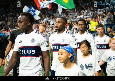 Vancouver, Kanada. Oktober 2023. Vancouver, British Columbia, Kanada, 21. Oktober 2023: Javain Brown (23 Vancouver Whitecaps FC) während der Spielereinführungen vor dem Major League Soccer Spiel zwischen Vancouver Whitecaps FC und Los Angeles FC im BC Place Stadium in Vancouver, British Columbia, Kanada (NUR REDAKTIONELLE VERWENDUNG). (Amy Elle/SPP) Credit: SPP Sport Press Photo. /Alamy Live News Stockfoto