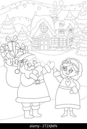 Ausmalseite. Santa Claus und Mrs. Santa stehen vor ihrem Haus und winken mit den Armen. Stock Vektor