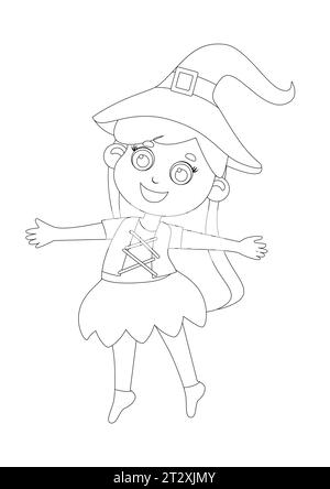 Ausmalseite. Kleines glückliches Mädchen mit roten Haaren in Hexenkostüm und Hut. Halloween-Charakterdesign im Cartoon-Stil. Stock Vektor