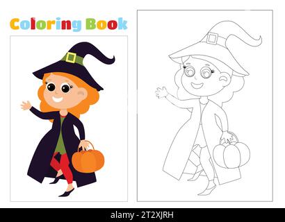 Ausmalseite. Eine Hexe im Mantel. Mädchen mit rotem Haar in einem Hexenkostüm mit einem Korb in den Händen. Halloween-Illustration im Cartoon-Stil. Stock Vektor