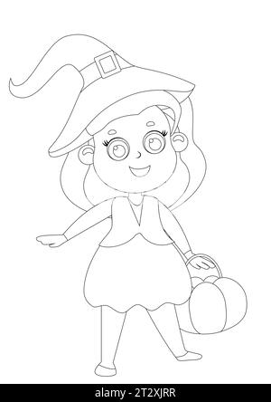 Ausmalseiten. Kleines glückliches Mädchen mit rotem Haar in einem Hexenkostüm mit einem Korb in den Händen. Halloween-Illustration im Cartoon-Stil. Stock Vektor