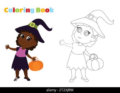 Ausmalseite. Eine Hexe in Hut und Kostüm mit einem Korb in den Händen. Halloween-Charakterdesign im Cartoon-Stil. Stock Vektor